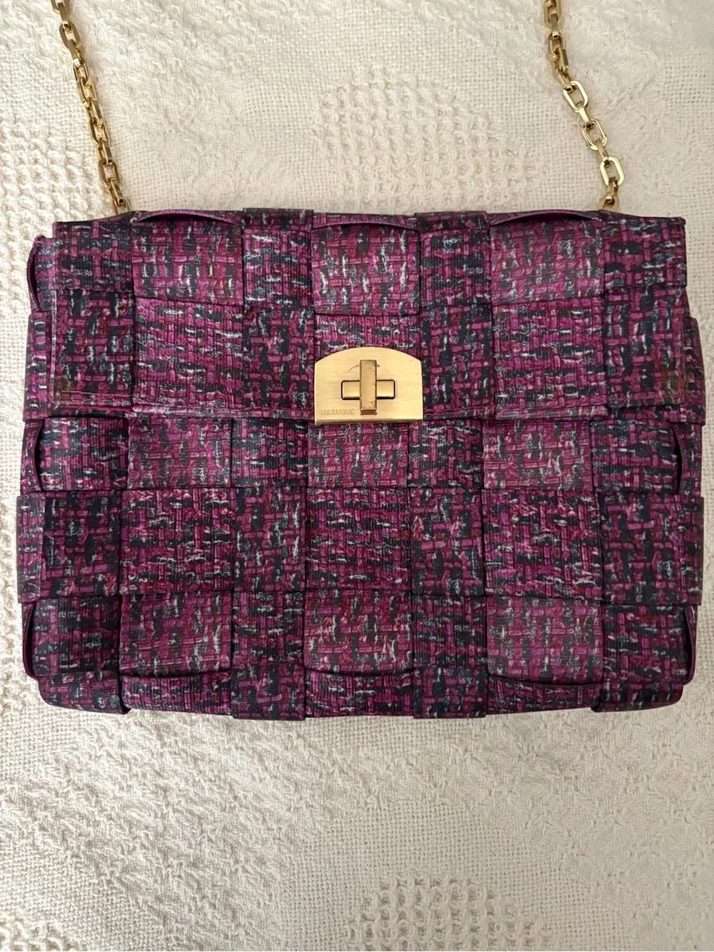 Plum Quilted Tweed Crossbody Bag with Gold-Tone Chain Strap